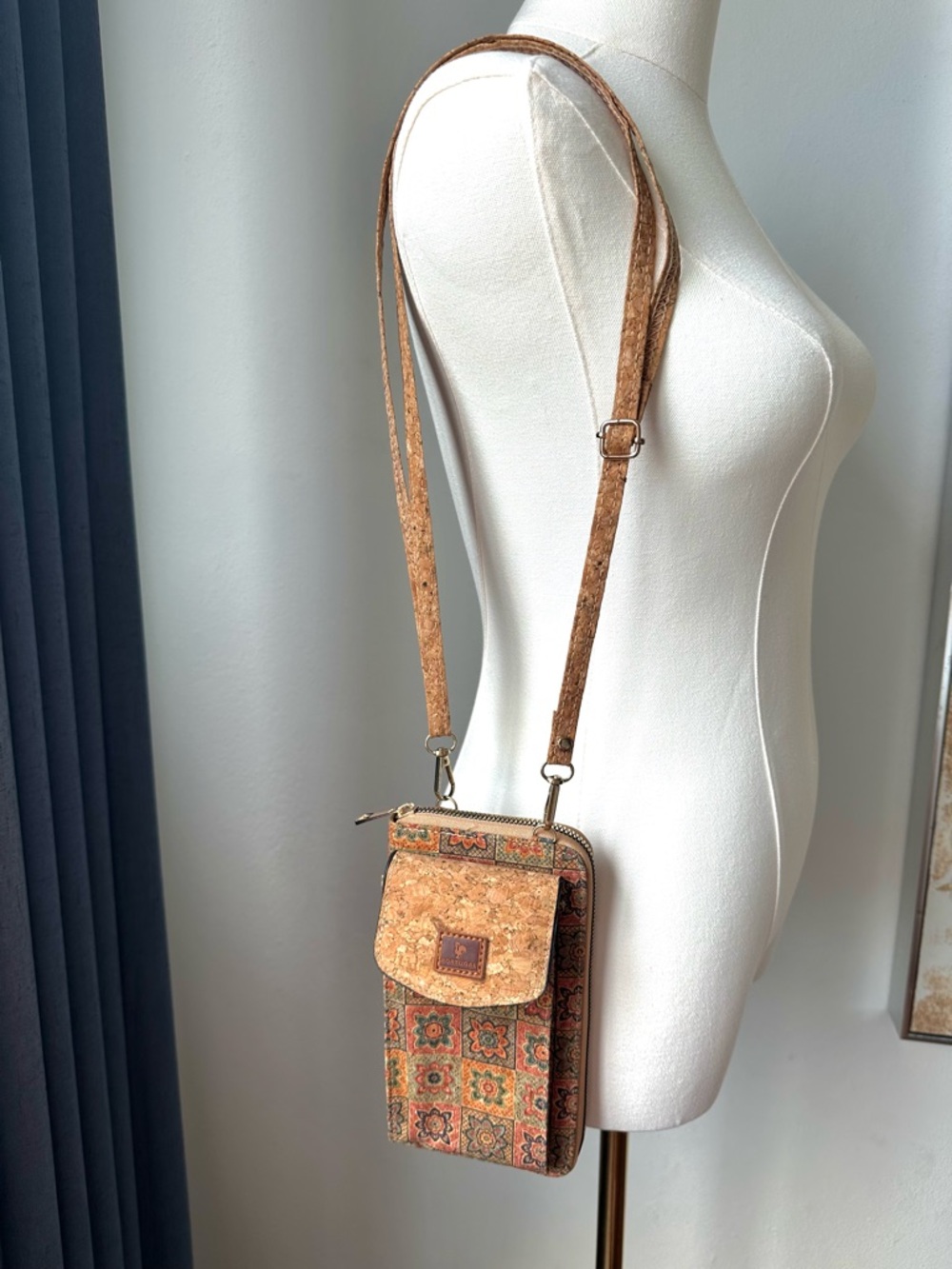 Portugal Cork Crossbody Phone Bag in Natural Brown Bohemian Hippie Adjustable